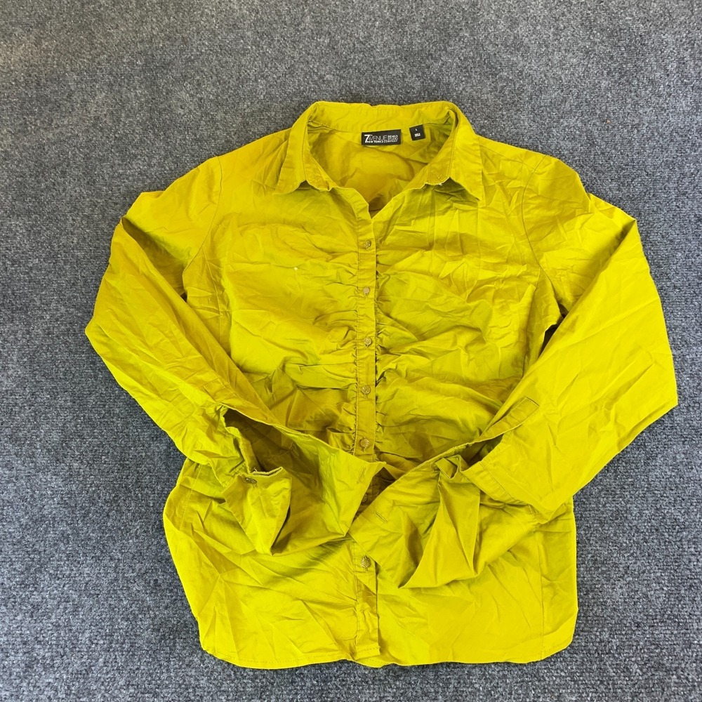 New York & Company Blouse Women L Yellow Good 7th Avenue Ruched Button Up Top
